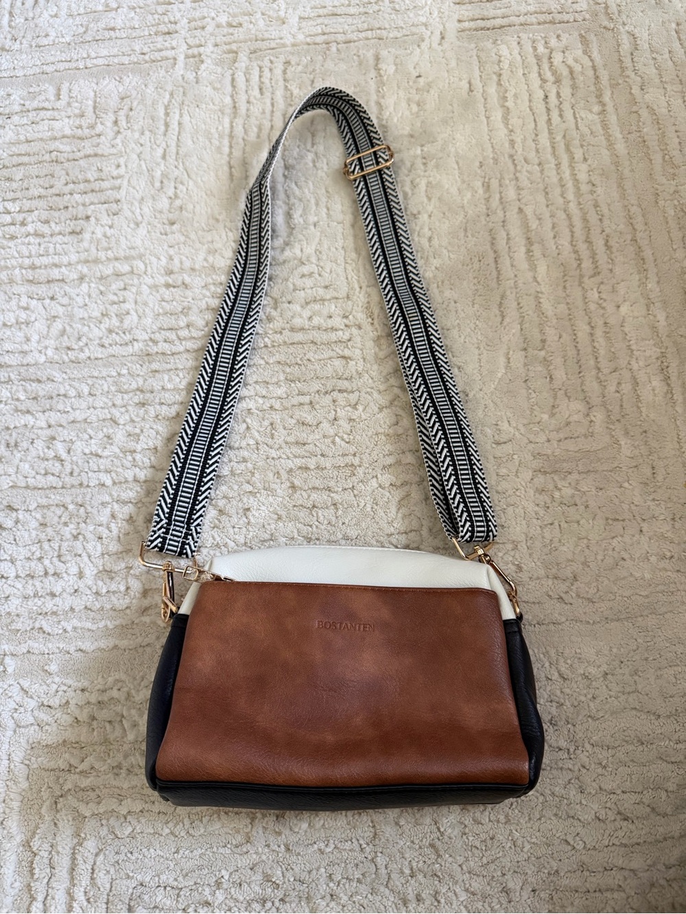 BOSTANTEN Brown Black Cream Colorblock Crossbody Bag Wide Strap boho casual